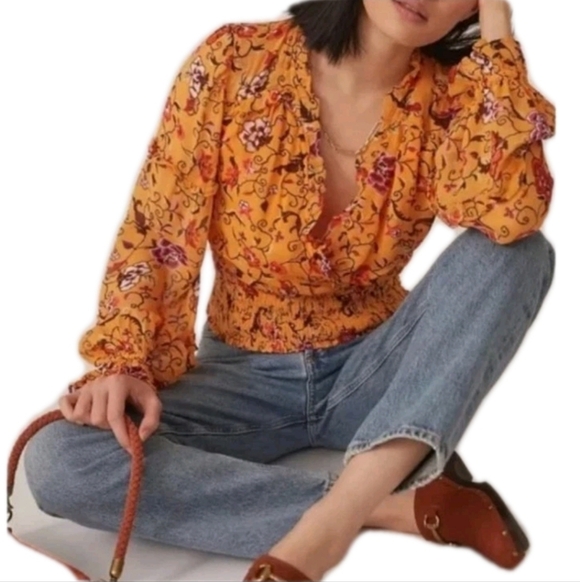 Anthropologie Floral Surplice Neck Blouse Ruffles Size Medium Yellow Red Cropped - Picture 12 of 12